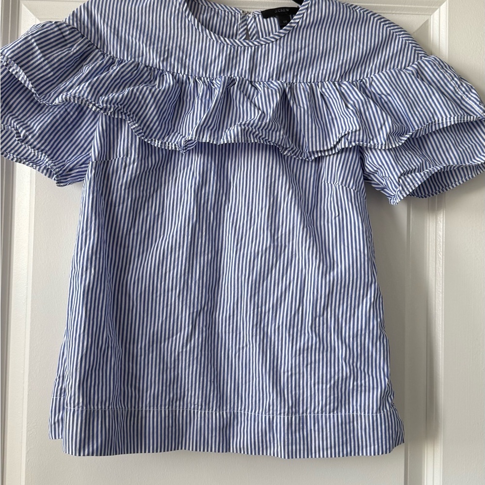 J Crew White And Blue Striped Ruffle Blouse Size 00